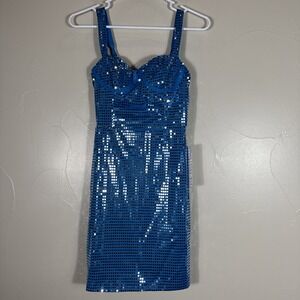 NWT Wear your love‎ Blue Mirror Metallic Sequined Lined Dress Sexy!!! Small